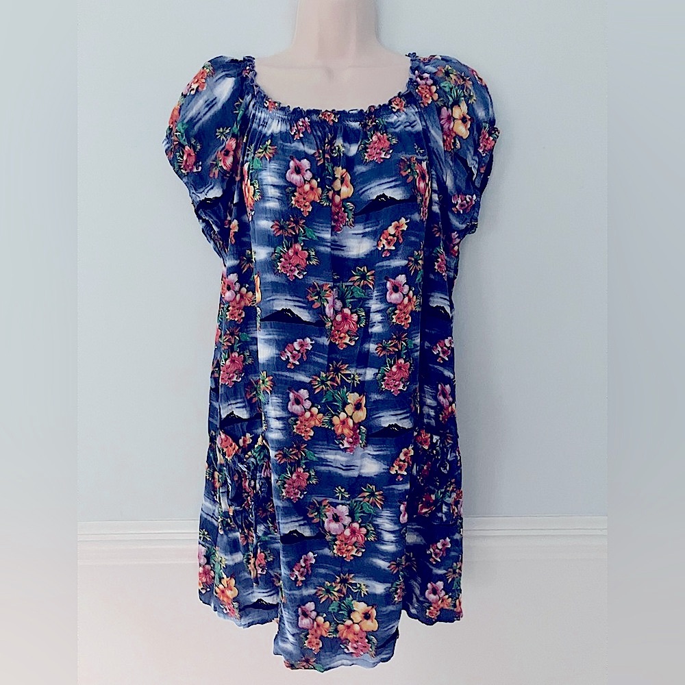 ISLAND PLANET blue babydoll beach coverup floral volcano mini dress Retro OS